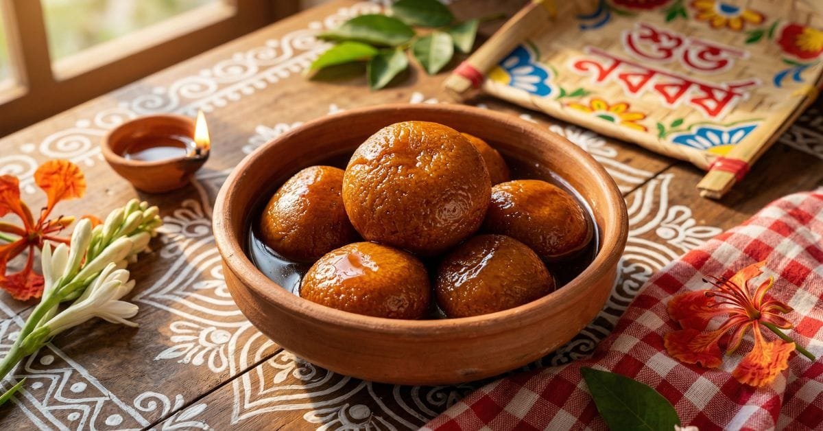 “ঘরে তৈরি বাঙালি নলেন গুড়ের রসগোল্লা, সিরাপ ঝরে পড়ছে নরম ও স্পঞ্জি রসগোল্লার উপর, একটি সেরামিক বাটিতে পরিবেশন, ঘরের কাঠের টেবিলে রাখা, প্রাকৃতিক উষ্ণ আলো, পহেলা বৈশাখের ঐতিহ্যবাহী মিষ্টি”