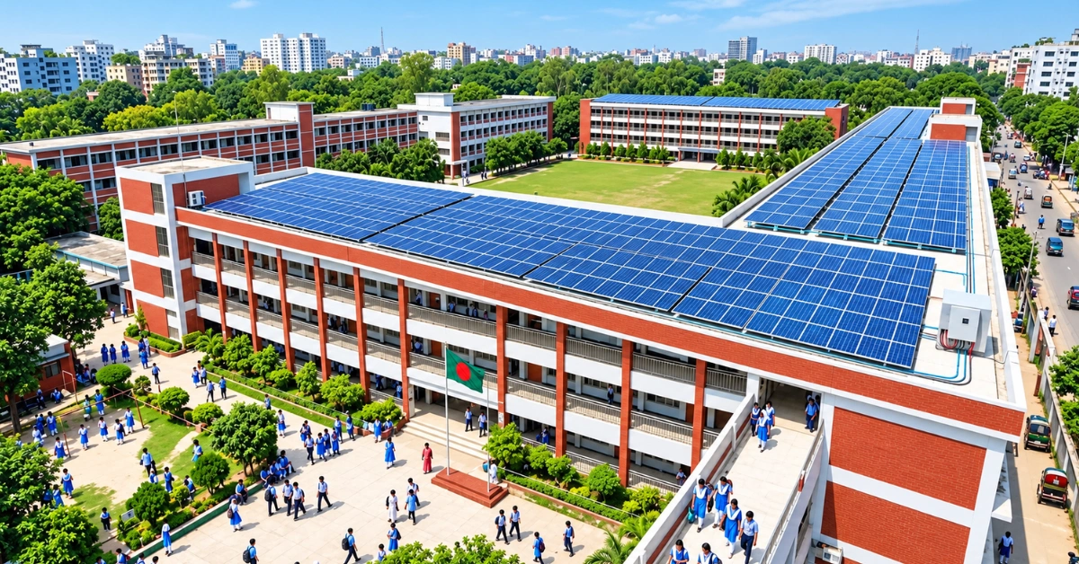 একটি বড় শিক্ষাপ্রতিষ্ঠানের ছাদে সারিবদ্ধভাবে বসানো সোলার প্যানেল বা সৌরবিদ্যুৎ ব্যবস্থা