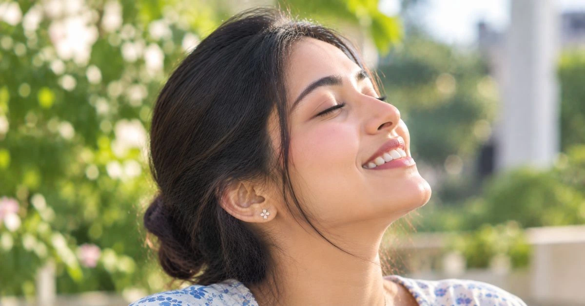 ইতিবাচক চিন্তায় হাস্যোজ্জ্বল তরুণী