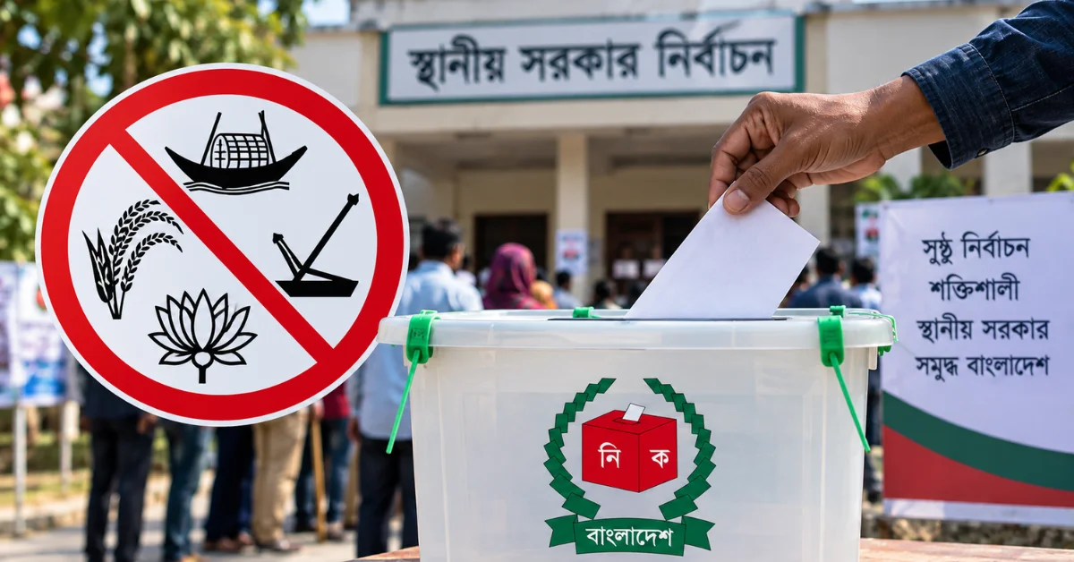 স্থানীয় সরকার নির্বাচনে দলীয় প্রতীক ছাড়া ভোট দেওয়ার প্রতীকী দৃশ্য