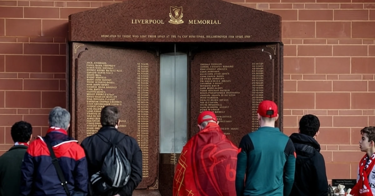 হিলসবরো ট্র্যাজেডিতে নিহত ৯৭ সমর্থকের স্মরণে অ্যানফিল্ডে লিভারপুল মেমোরিয়ালের সামনে শ্রদ্ধা জানাচ্ছেন সমর্থকেরা।