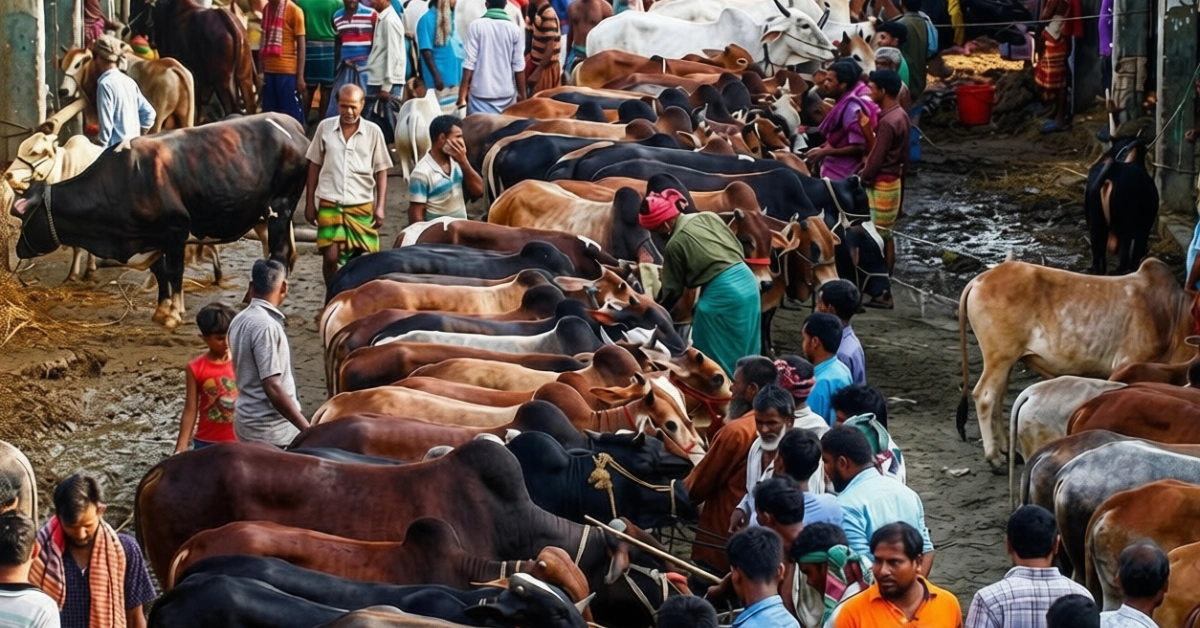 ঢাকার কোরবানির পশুর হাটে গরু ছাগল বিক্রির প্রস্তুতির দৃশ্য