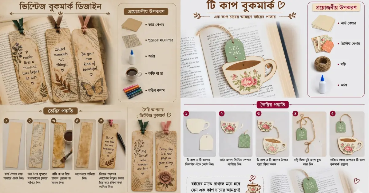 ভিন্টেজ স্টাইল ও টি কাপ বুকমার্ক ডিজাইন